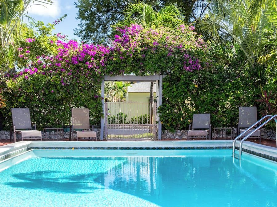 Utendørsbasseng og solsenger