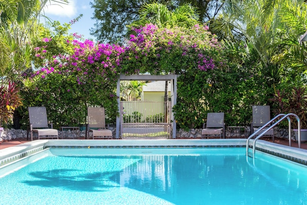 Outdoor pool, open 9 AM to 9 PM, pool loungers