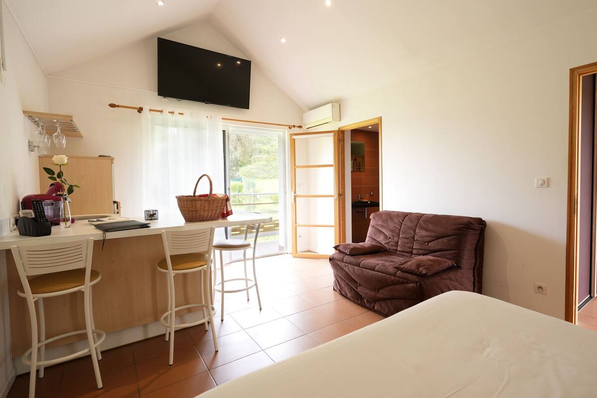 Una habitación moderna con kitchenette, un área de comedor con taburetes de bar, un sofá marrón y una cama grande.