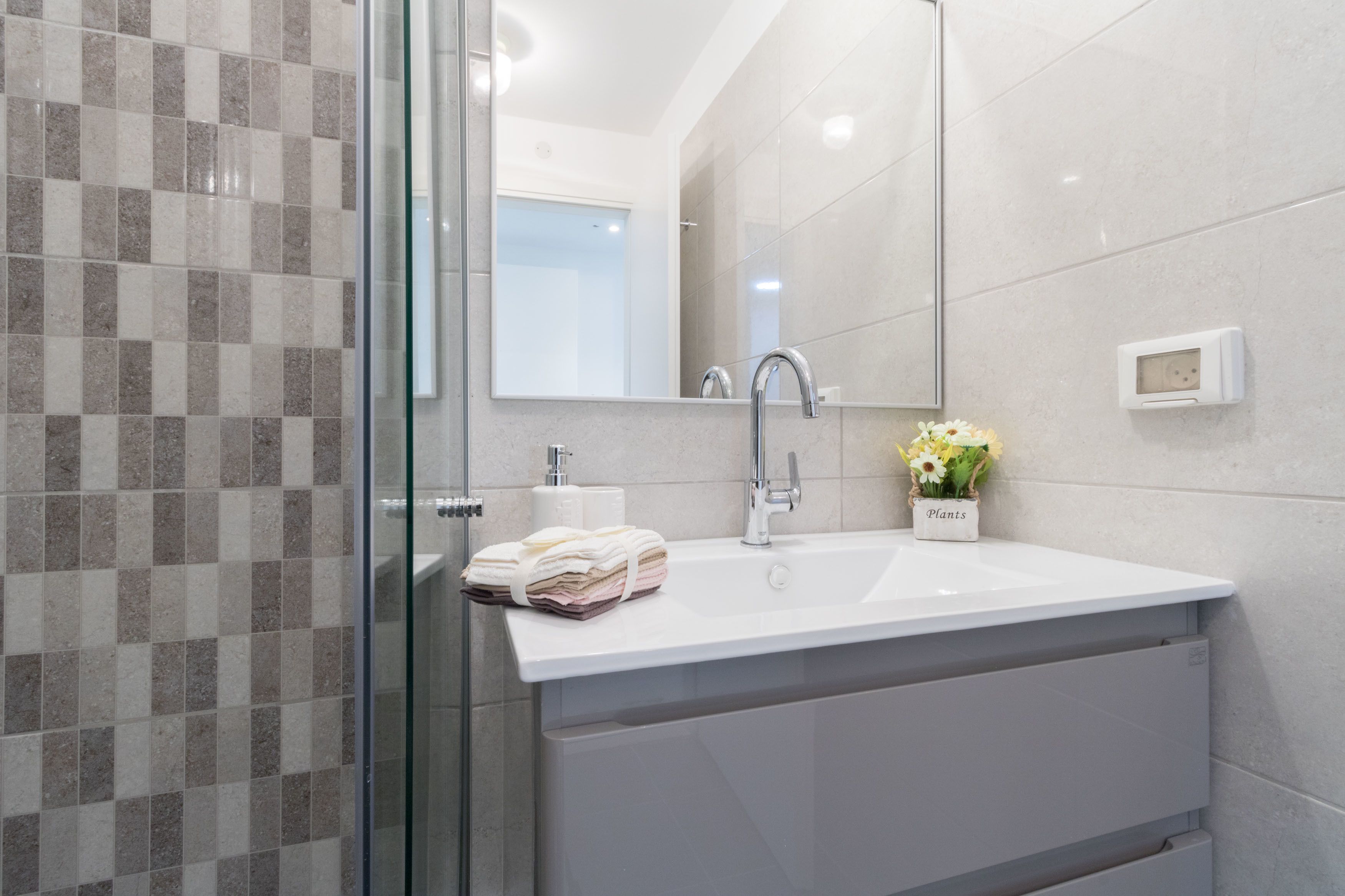 A bathroom with a white sink, a glass shower enclosure, a mirror, and a small plant on the sink.