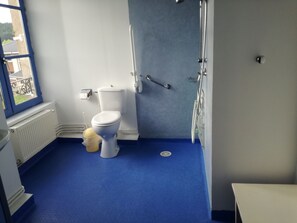 Dubbelrum - tillgänglighetsanpassat - utsikt mot trädgården | Badrum | Gratis toalettartiklar, hårtork och handdukar