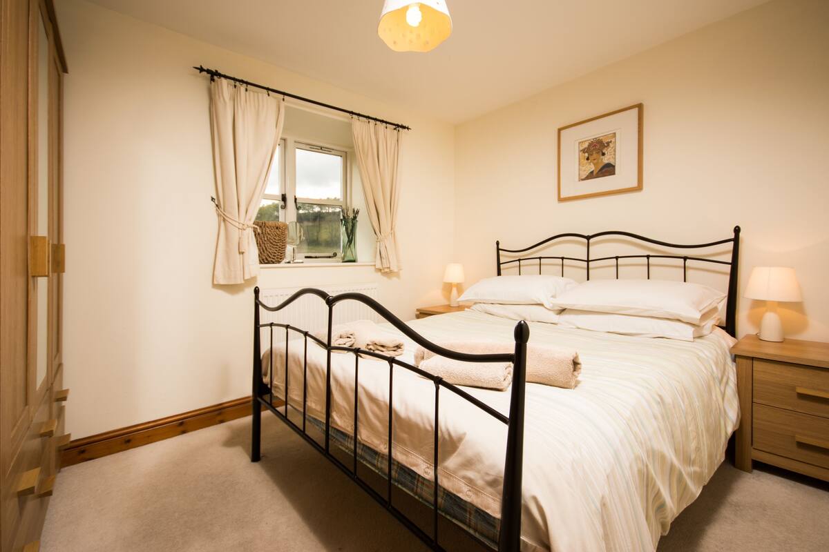 A bedroom with a single bed, bedside tables, a window with curtains, a framed picture on the wall, and a lamp on each side of the bed.