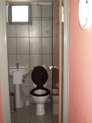 Une petite salle de bain avec des toilettes, un lavabo et une fenêtre.