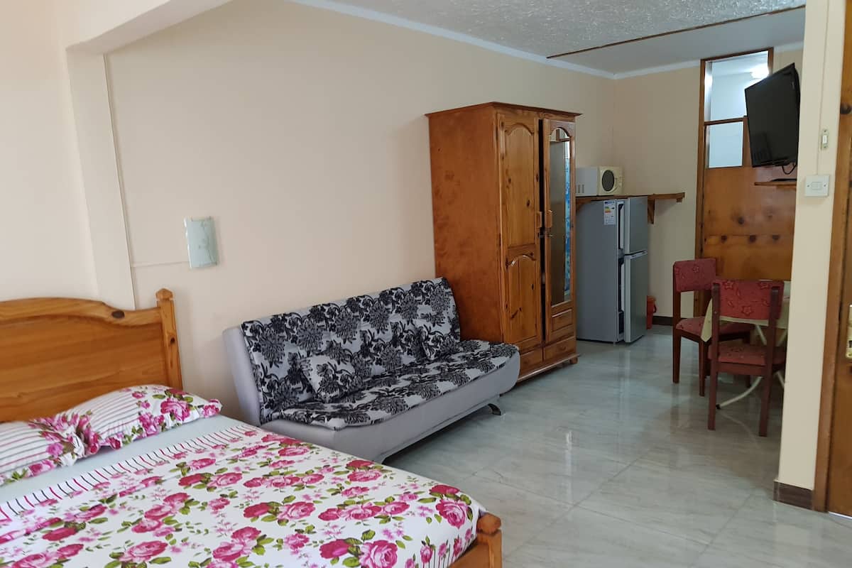 Une chambre à coucher comprenant un lit, un canapé, une armoire, un bureau et une chaise.