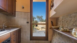 Cocina compacta con pared de piedra, armarios de madera y vista a un espacio exterior por una puerta.