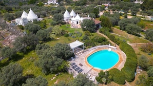 Vista aérea de una propiedad con una gran piscina rodeada de abundante vegetación, varias edificaciones blancas con techos cónicos y un cielo azul despejado.