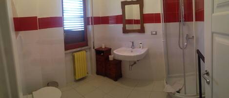 Un baño con inodoro, lavabo, ducha y espejo.