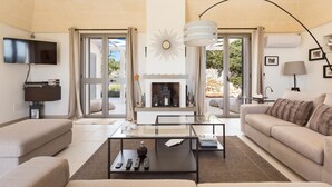 Una sala moderna con chimenea, un televisor de pantalla plana y un sofá.