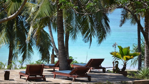 A beachside lounge area with wooden lounge chairs and a palm tree. - Diani house (Diani Beach)