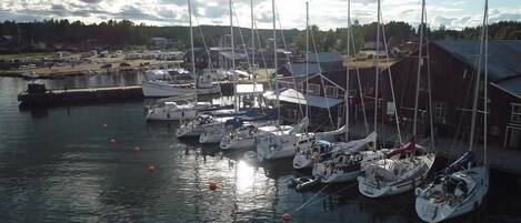 A marina with multiple sailboats docked, surrounded by buildings and a calm water body.