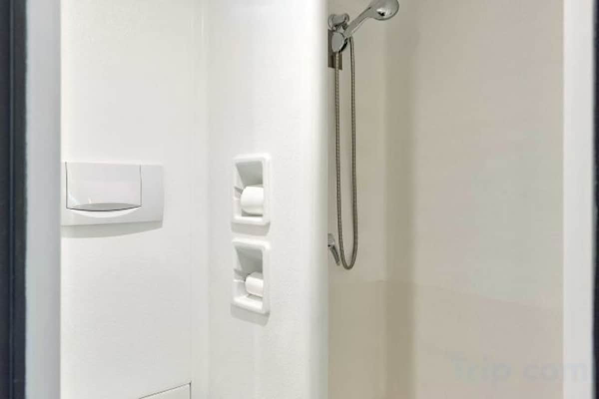 Shower, towels, soap, shampoo
