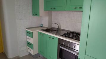 Una cocina con armarios verdes, un lavamanos de acero inoxidable y una estufa a gas.
