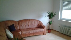Ein Wohnzimmer mit einem braunen Ledersofa, zwei Blumentöpfen, einer Heizung und einem Fenster mit Jalousien.
