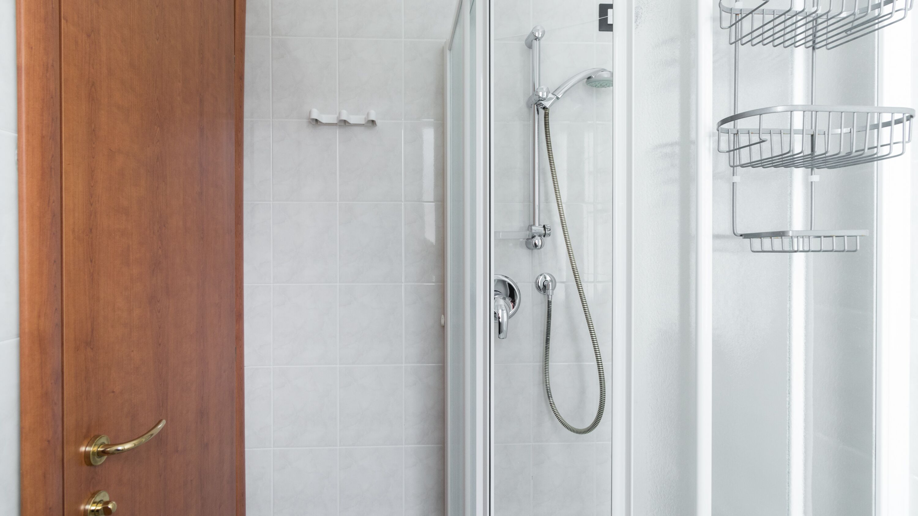 A modern bathroom with a glass shower enclosure, a wooden door, and a metal towel rack.