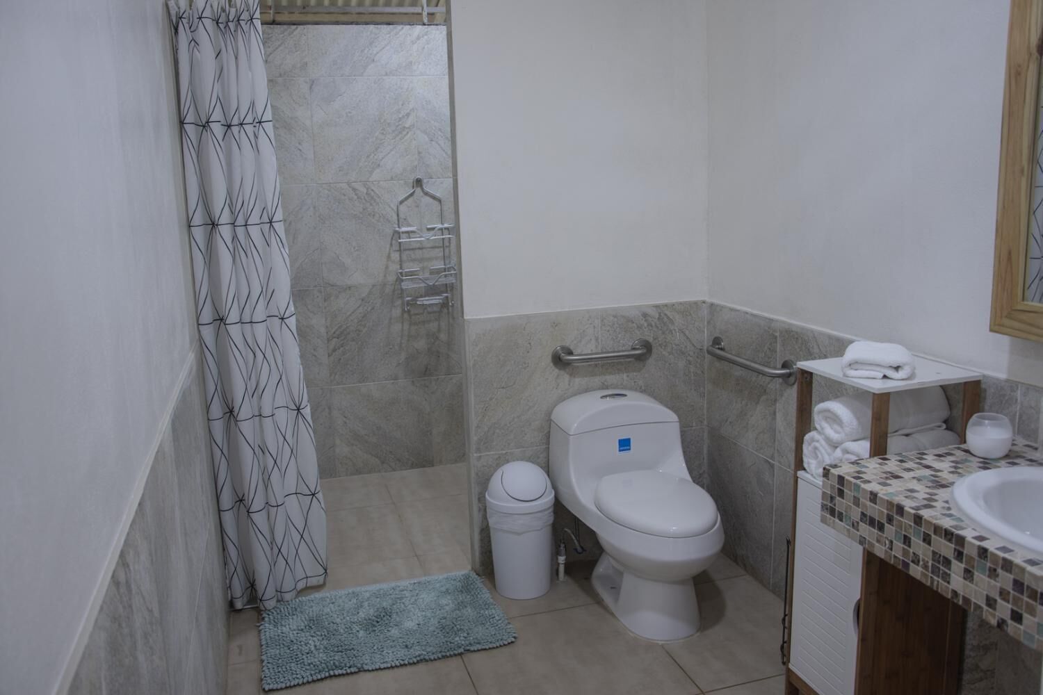 Et badeværelse med bruser, toilet, håndvask og et lille flisebeklædt område med håndklæder.
