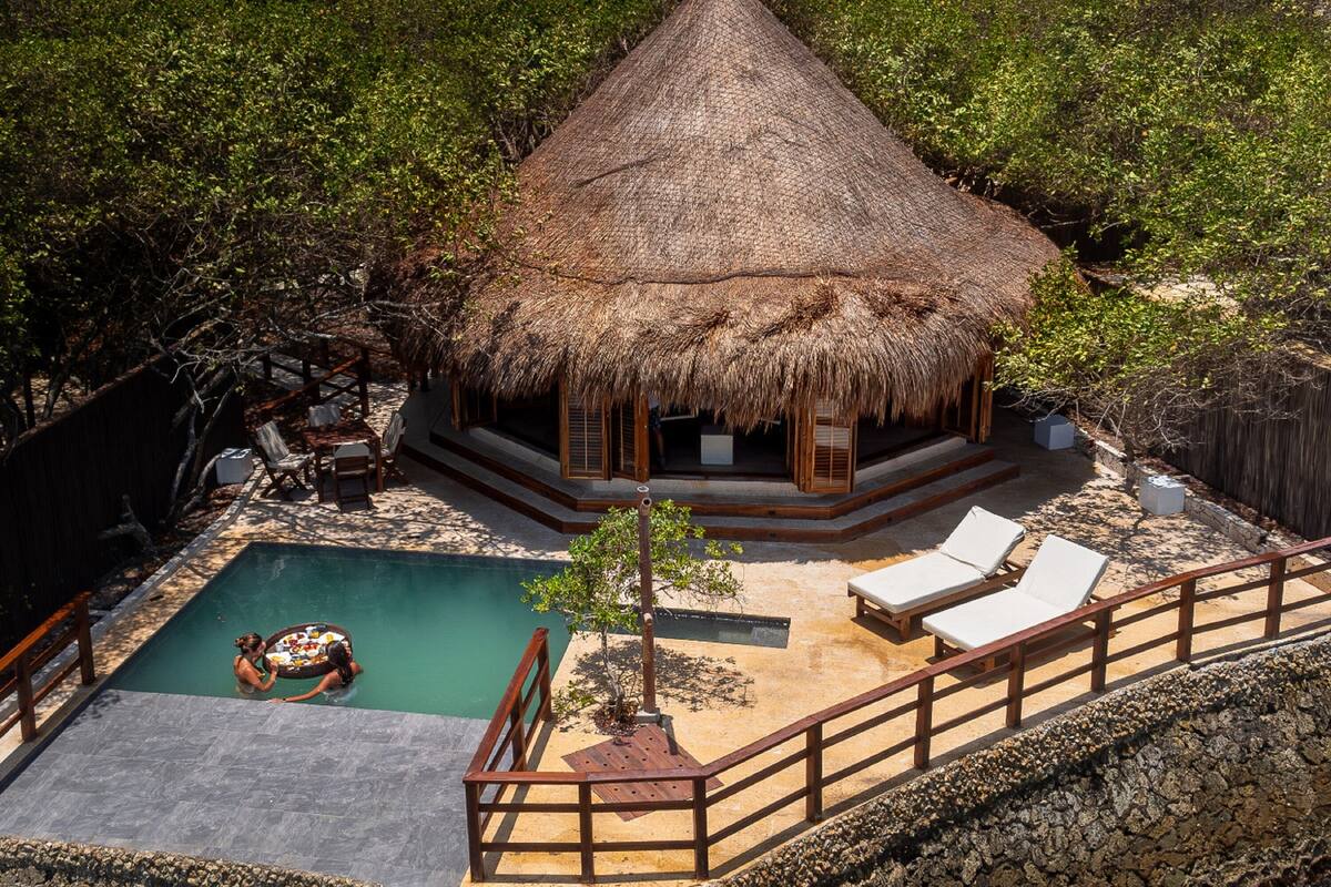 A thatched-roof hut with a pool and lounge chairs.