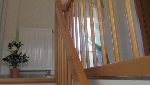 A wooden staircase with a handrail, a potted plant, and a window with blinds. - Apartment im Dresdner Amselgrund (Dresden)