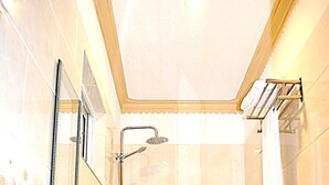A modern bathroom with a glass shower enclosure, a handheld showerhead, and a towel rack.