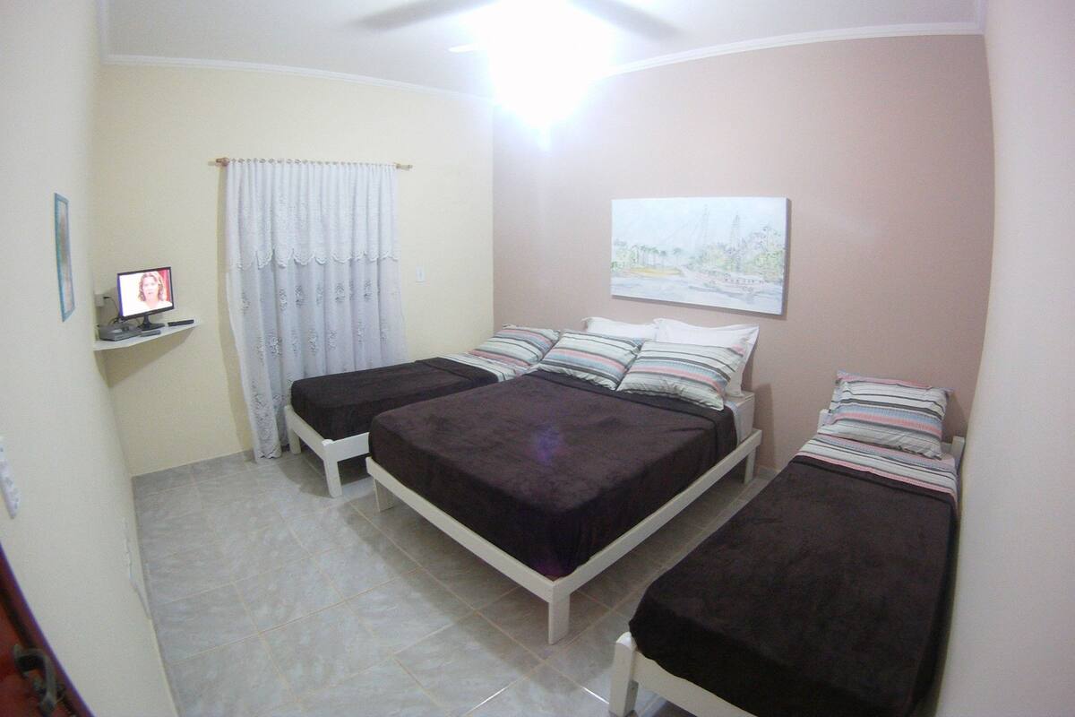 A bedroom with two single beds, a ceiling fan, a TV on a shelf, and a painting on the wall.