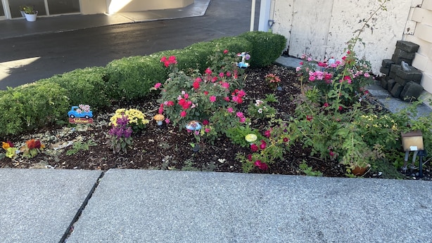 A landscaped garden area with various flowers and a welcome sign. - Auburn Motel (Auburn)