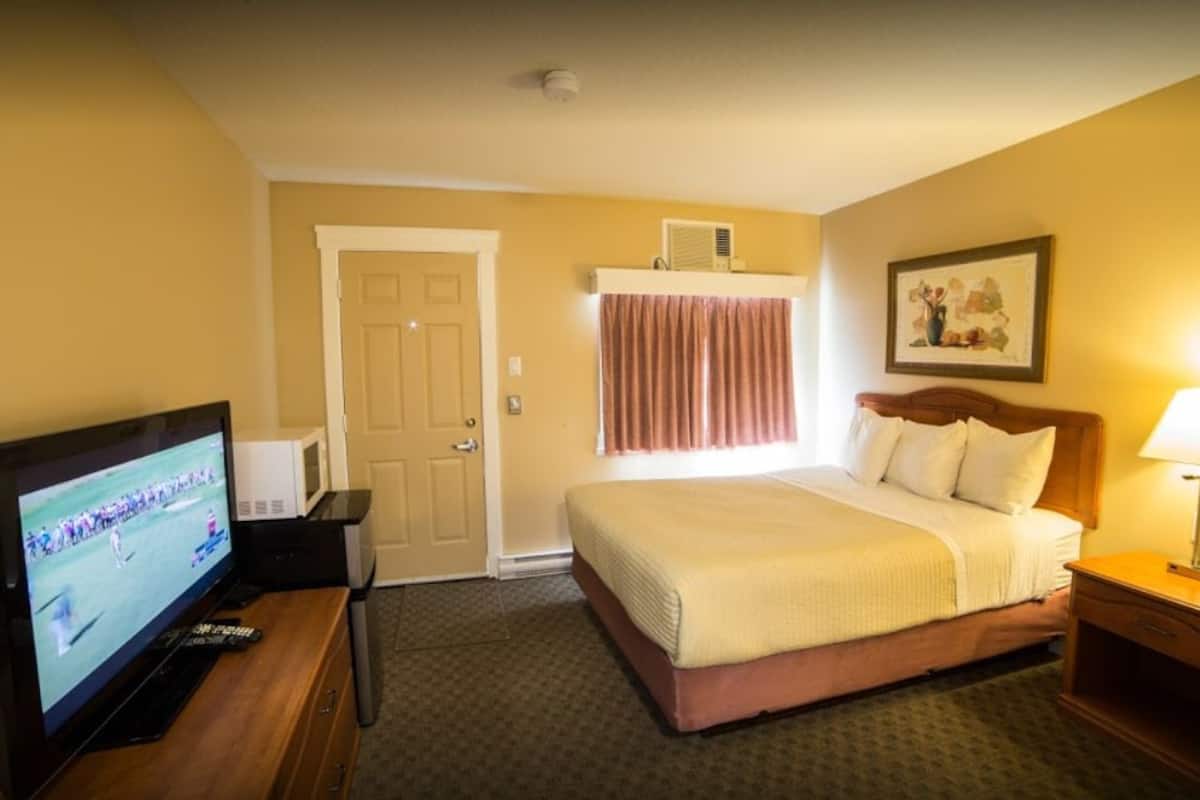 Camera d'albergo con un letto, una televisione su un tavolino, una porta, una finestra con tende e un condizionatore d'aria a parete.