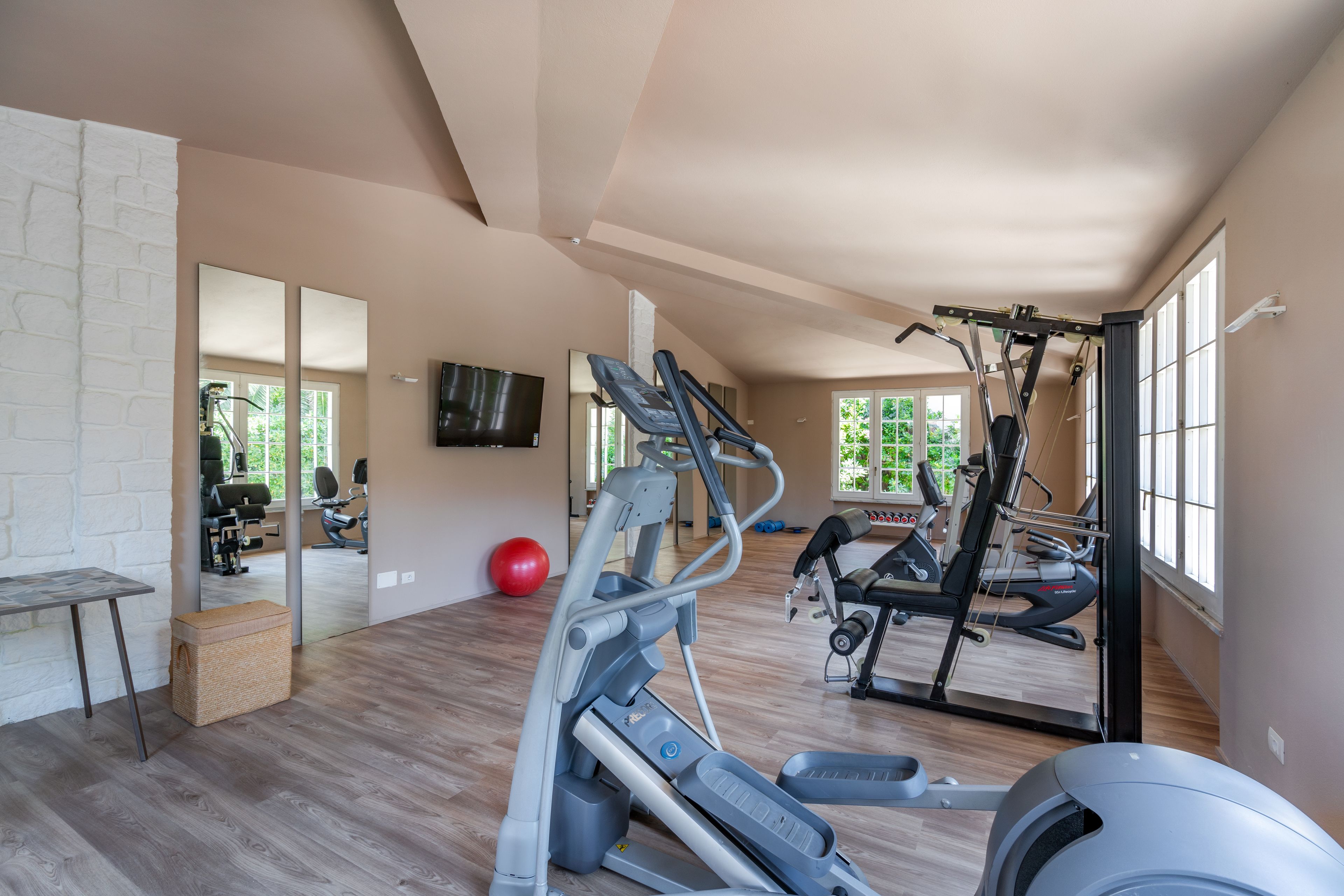 A home gym with exercise equipment, a TV, and a large window.