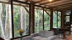Una habitación acogedora con un sofá gris, un tapete de rayas coloridas y un rincón comedor con una mesa y sillas.