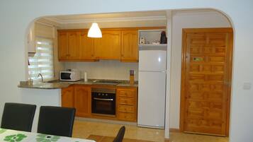 Een koelkast, een magnetron, een oven, een koffiezetapparaat/waterkoker