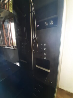 Douche, baignoire à remous, séchoir à cheveux, bidet