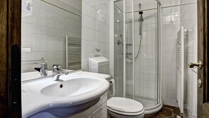 A modern bathroom with a white sink, toilet, and glass shower enclosure. - Ricavo lodge with heated pool and outdoor jacuzzi (Lecchi in Chianti)