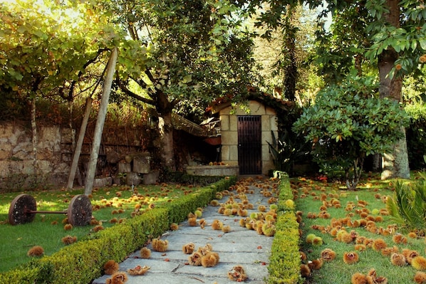 A stone pathway leading to a small stone building with a black door, surrounded by lush greenery and trees.