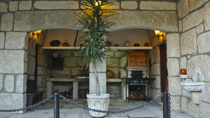 A stone-walled interior with a central potted plant, a fireplace, and shelves with various items. - Villa 15 minutes from Porto  (Paredes, Carvalhal)