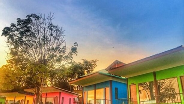 A row of colorful houses with large windows and a tree in the foreground. - T-House (Ratsada)