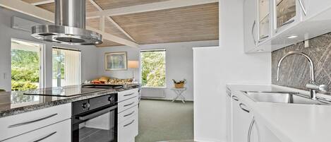 Fridge, stovetop, dishwasher, coffee/tea maker