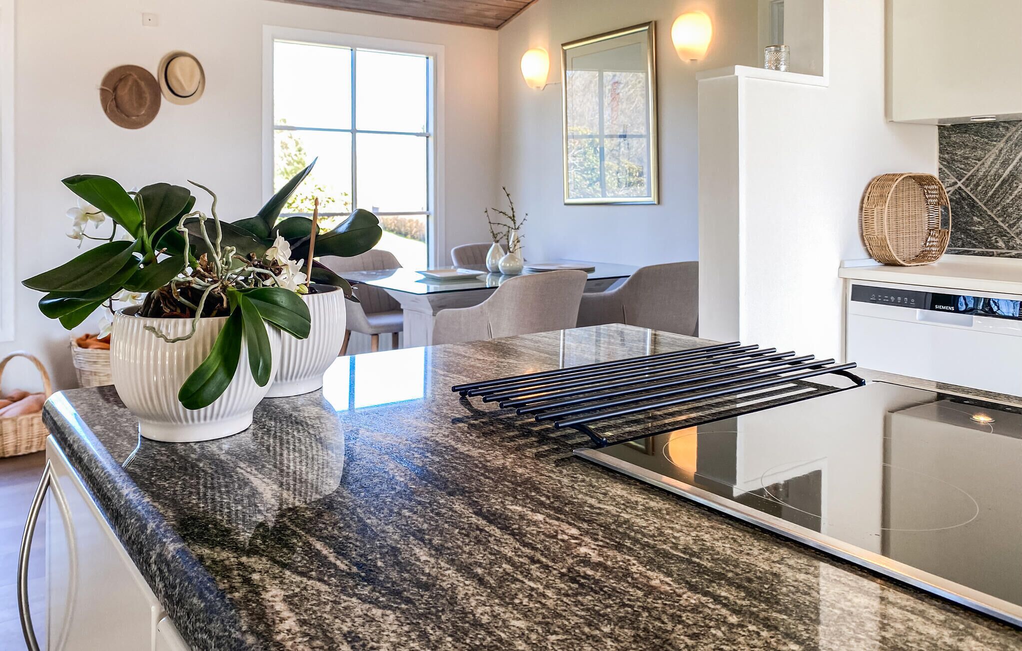 A kitchen with granite countertops, a Siemens dishwasher, and potted orchids.