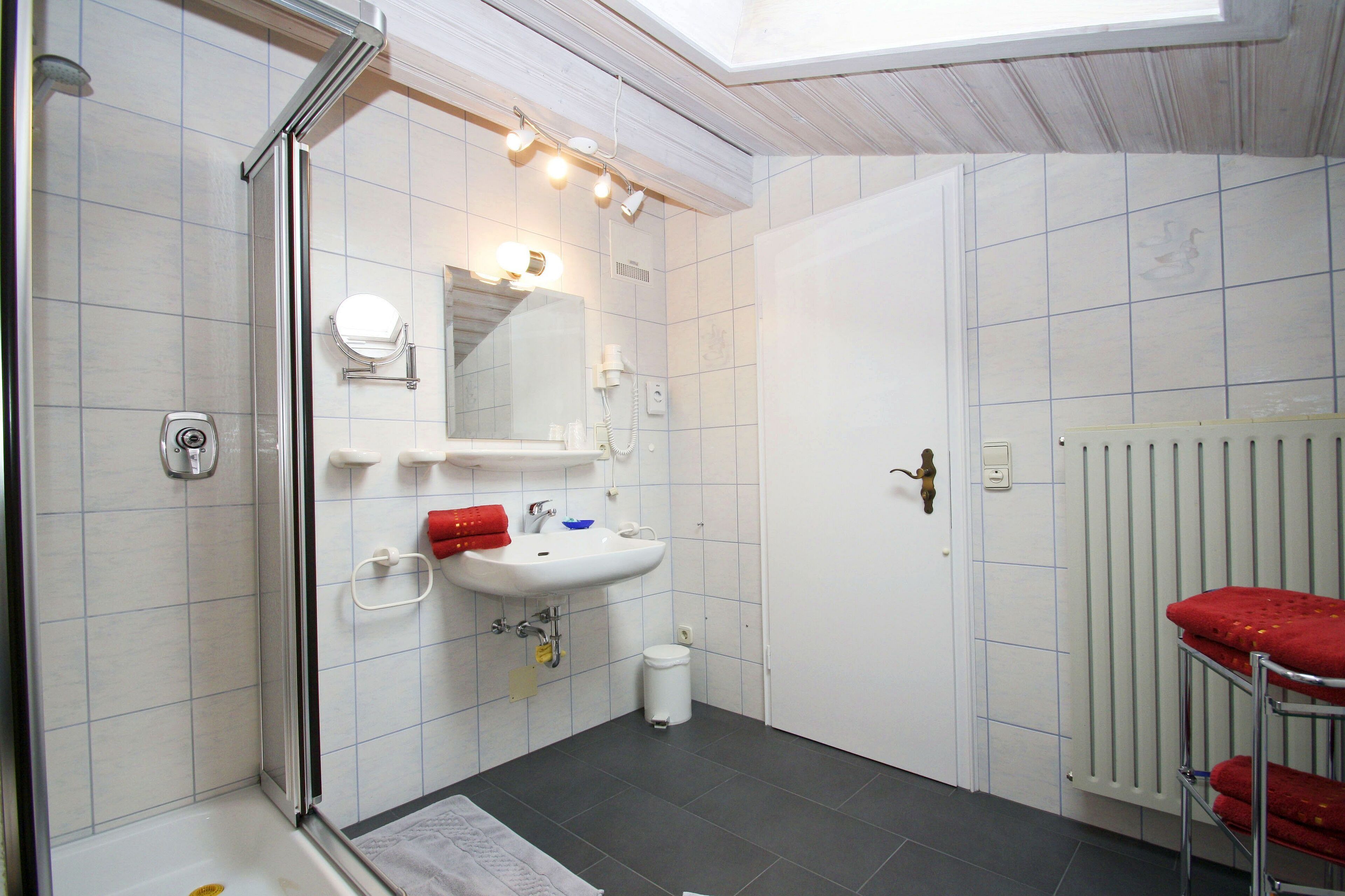 Un baño con ducha, lavabo, espejo y radiador.
