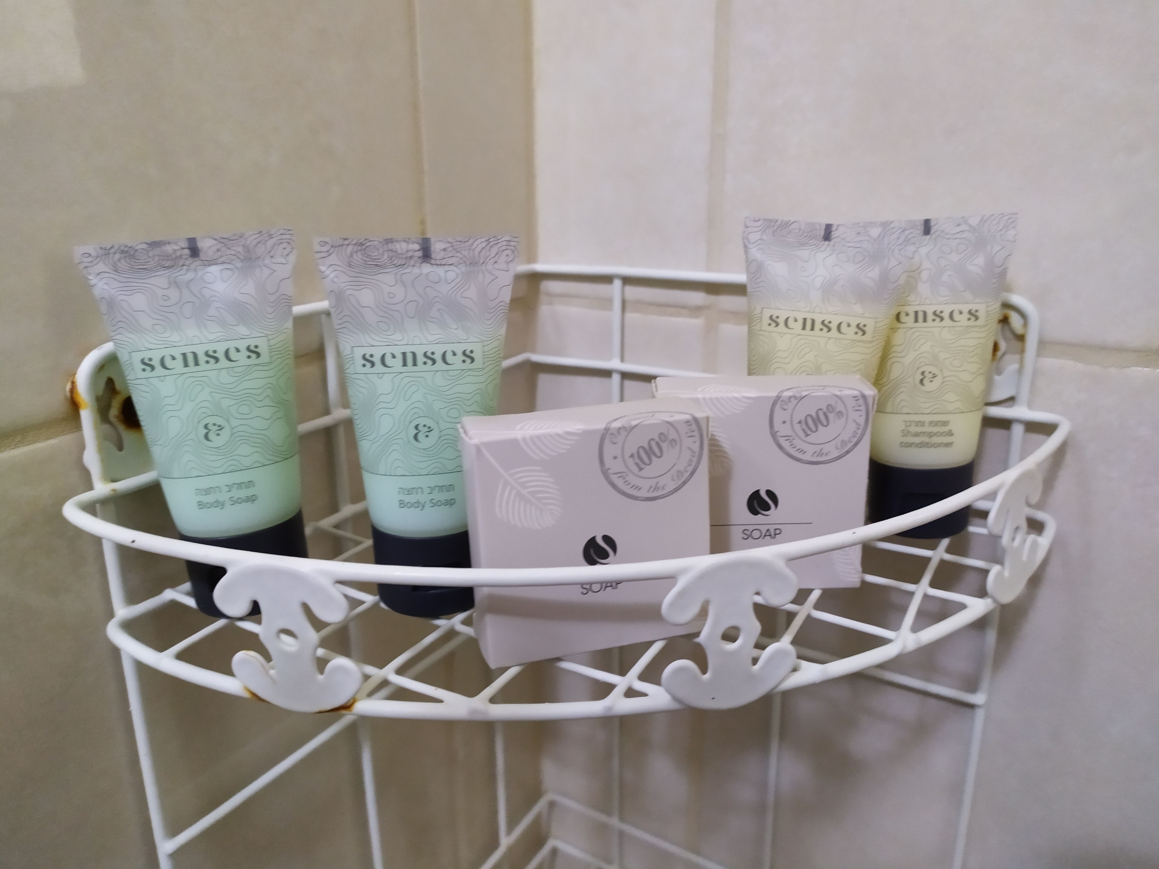Estante metálico blanco con artículos de aseo personal, como jabón corporal, champú y acondicionador.