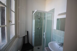 A bathroom with a glass-enclosed shower, a white sink, and a window with a view. - 3000 sq f, in the old Saumur city , along the Loire river. Charm & great views (Saumur)