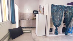 Een compacte kamer met een bed, een kitchenette en een badkamer met douchegordijn.