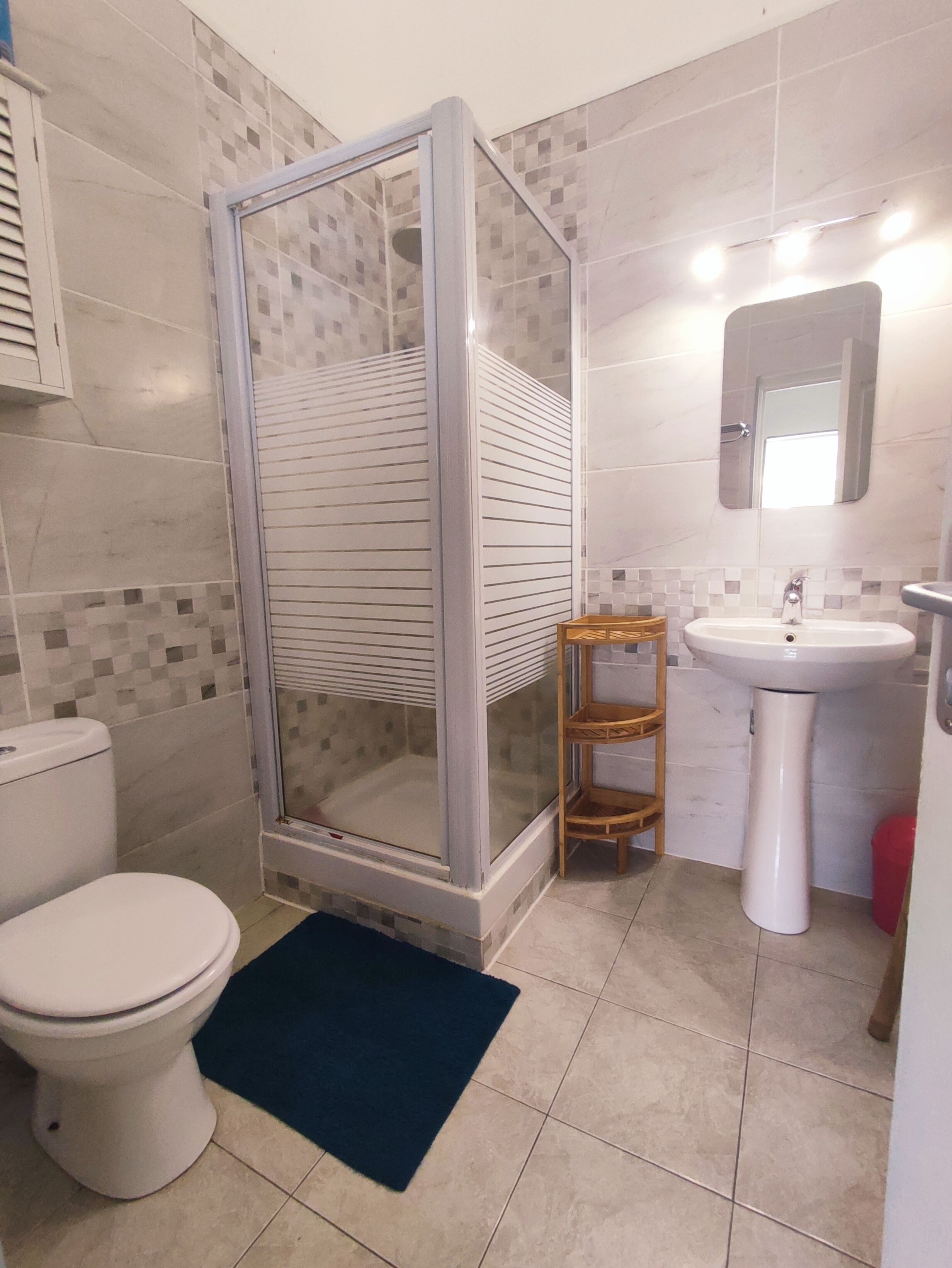 A bathroom with a glass-enclosed shower, a toilet, a sink, and a mirror.