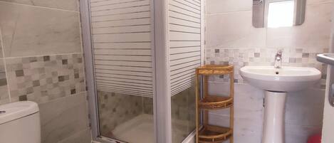 A bathroom with a glass-enclosed shower, a toilet, a sink, and a mirror.