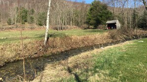 A rural landscape with a small wooden structure, a stream, and a forested hill in the background.