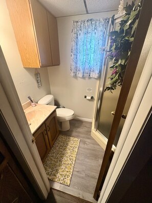 Combined shower/bathtub, towels, soap, shampoo