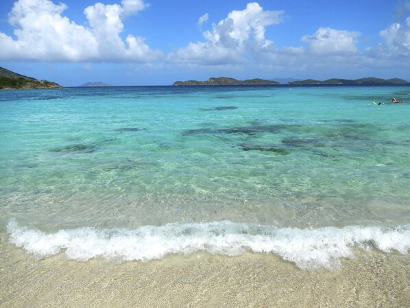 On the beach, sun loungers, beach towels