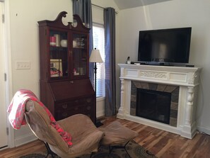 TV, fireplace, video games, DVD player