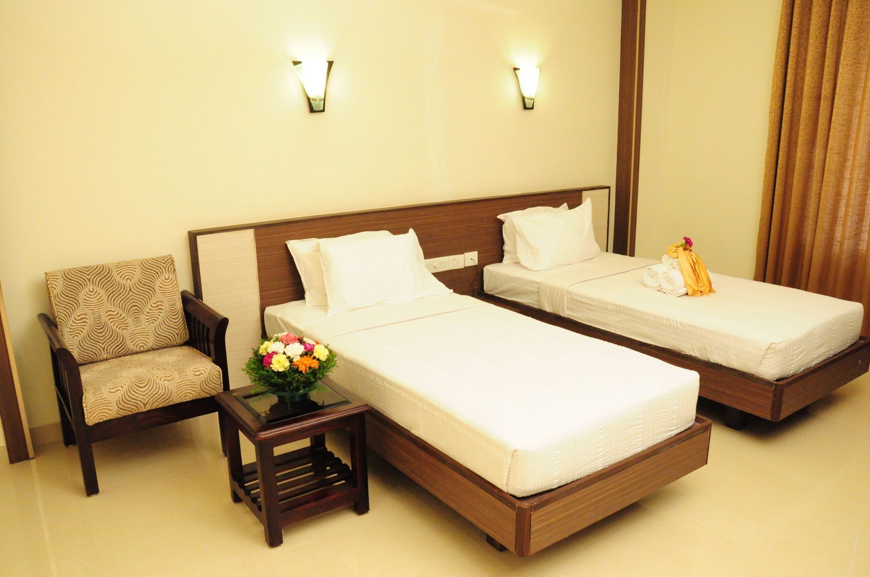 Premium bedding, desk, laptop workspace, soundproofing