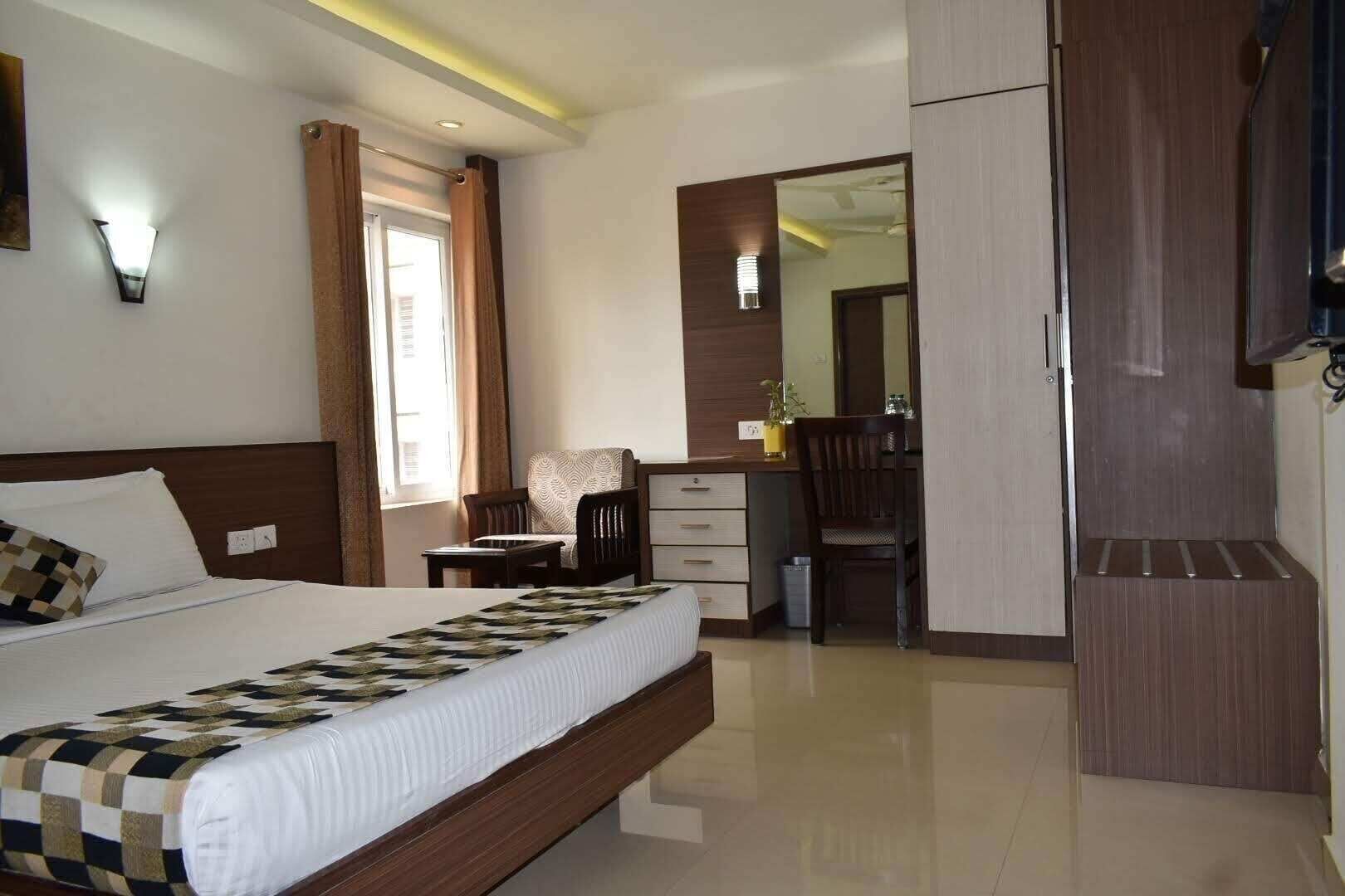 Premium bedding, desk, laptop workspace, soundproofing