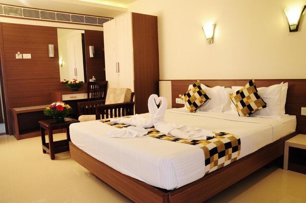 Premium bedding, desk, laptop workspace, soundproofing