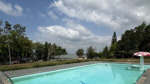 Une piscine aux eaux cristallines, décorée de motifs représentant un requin bleu et un dauphin, entourée d’une terrasse dallée et d’arbres.