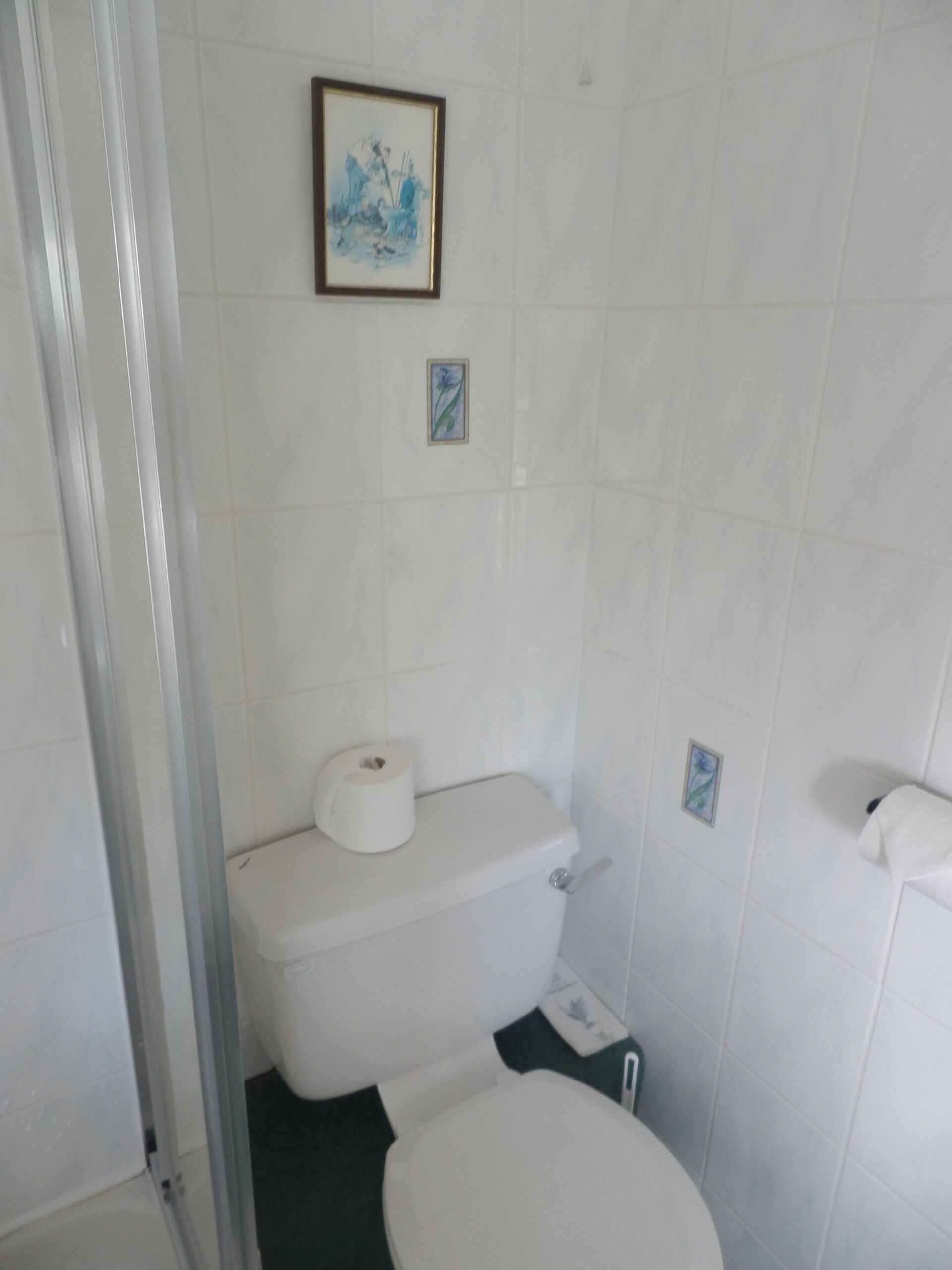 A small, white bathroom with a toilet, a roll of toilet paper, and a framed picture on the wall.
